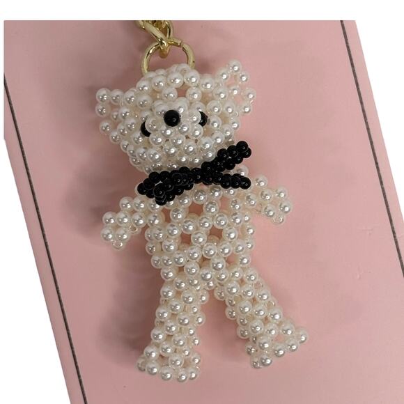 BcbGeneration Teddy Bear Bag Charm Pearls White Black Bow Handbag Key Ring New - Picture 6 of 9